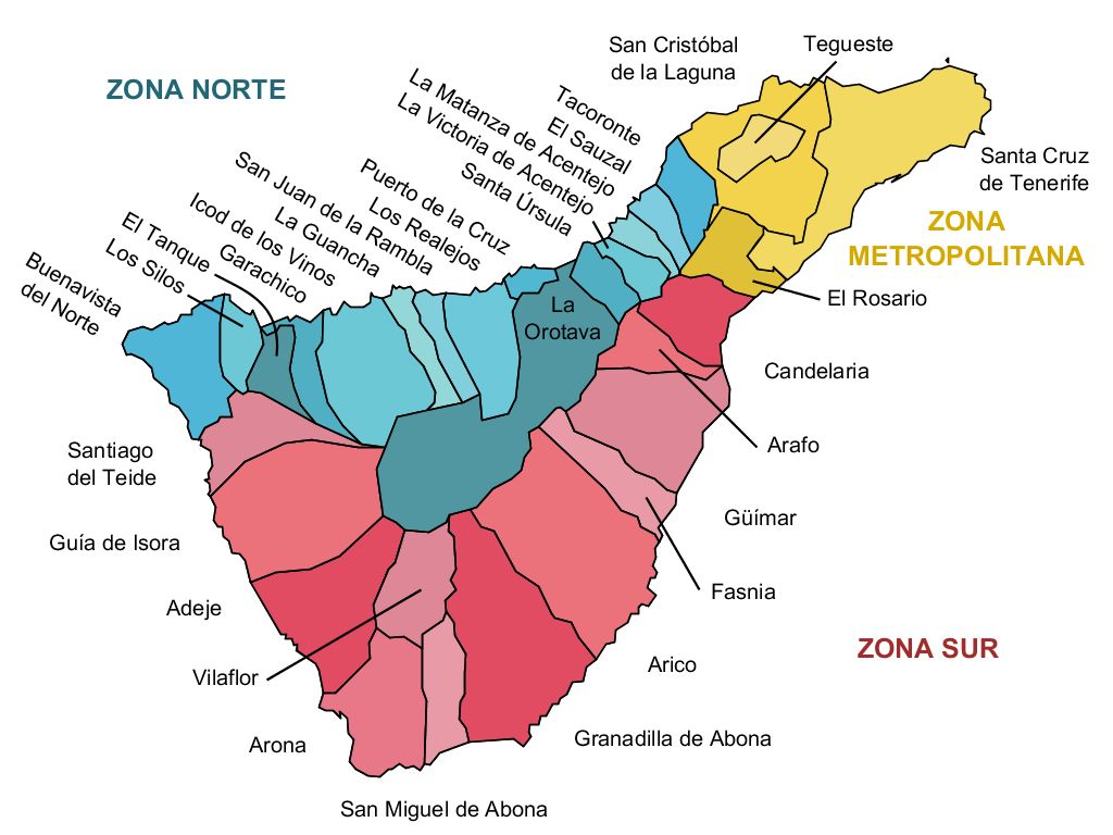 Map showing the various Zones on Tenerife and how the island is split into North Tenerife, South Tenerife and Metropolitan Tenerife 